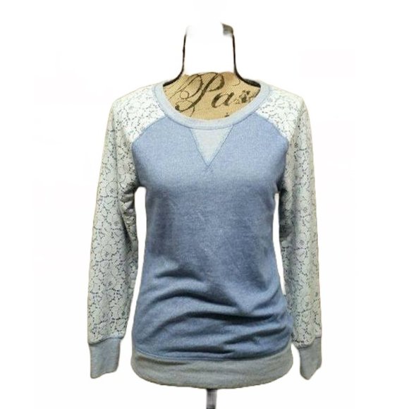 NWT PHILOSOPHY Women S French Terry Blue Heather Lace Pullover Sweatshirt TOP - Picture 2 of 8